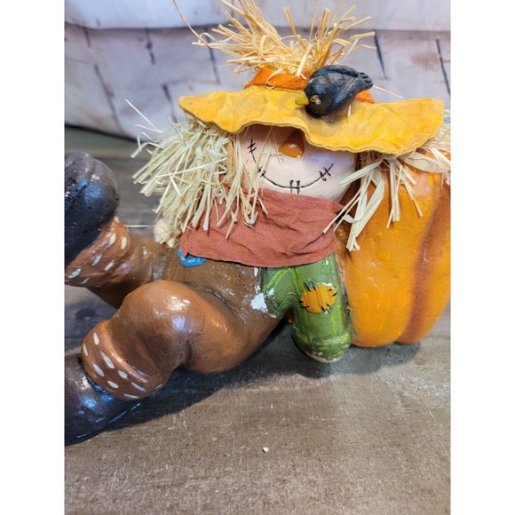 Scarecrow Leaning on pumpkin AS IS crow farmer fall autumn decor - Picture 2 of 6